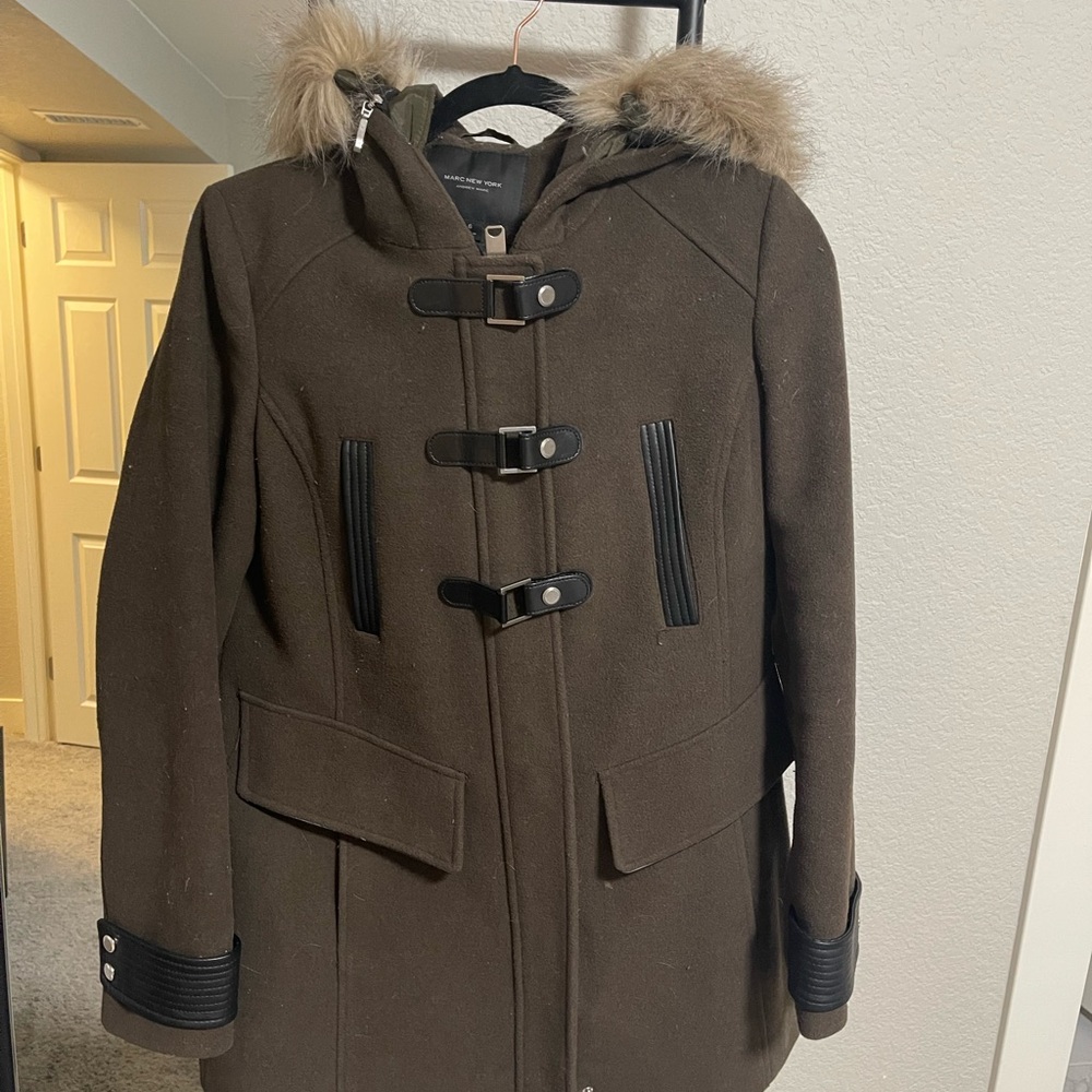 Marc New York Olive green with black leather accent pea coat